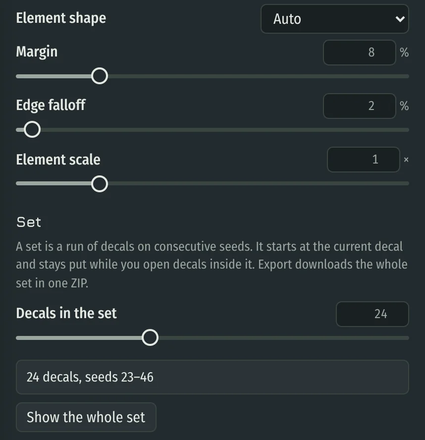 Decals tab with Element shape, Margin, Edge falloff, Element scale and the set size