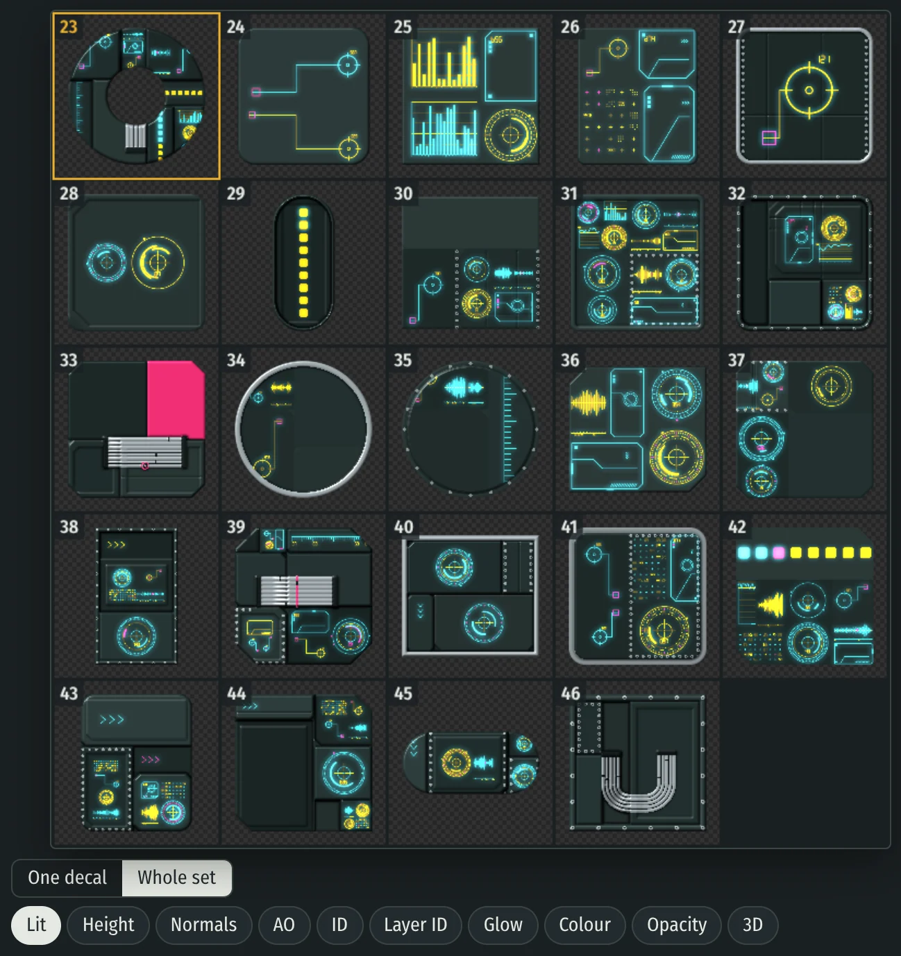 Whole set view: 24 decals in a grid, the open one framed