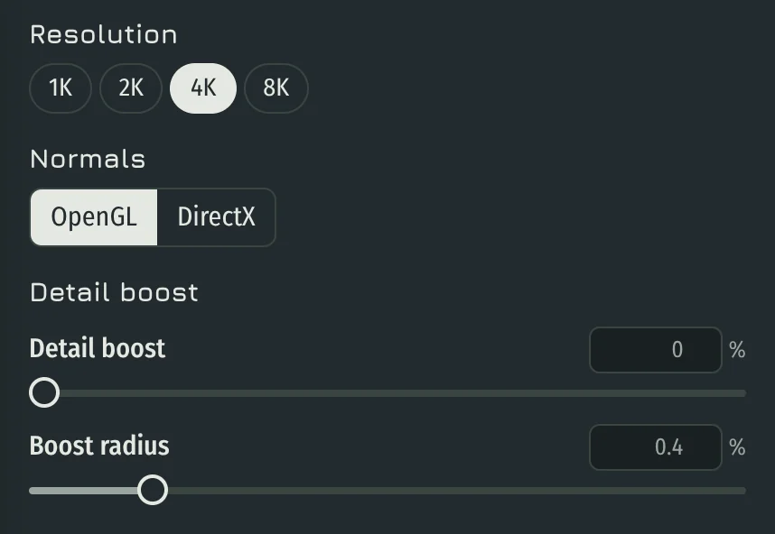 Export settings: Resolution, Normals OpenGL or DirectX, Detail boost and Boost radius