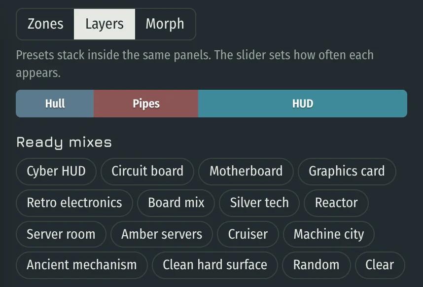 Mix tab with Zones, Layers and Morph, the blend bar and ready mixes