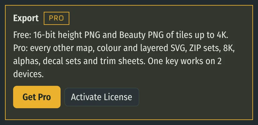 Export box with the free and Pro lists, Get Pro and Activate License buttons
