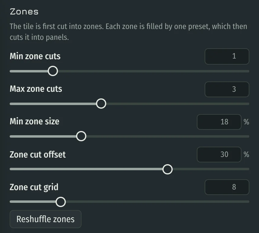 Zones block of the Shape tab with Reshuffle zones